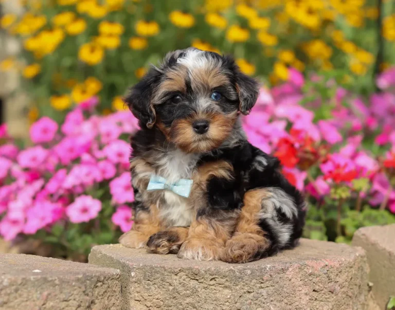 Yorkipoo puppy sitting by some pink flowers