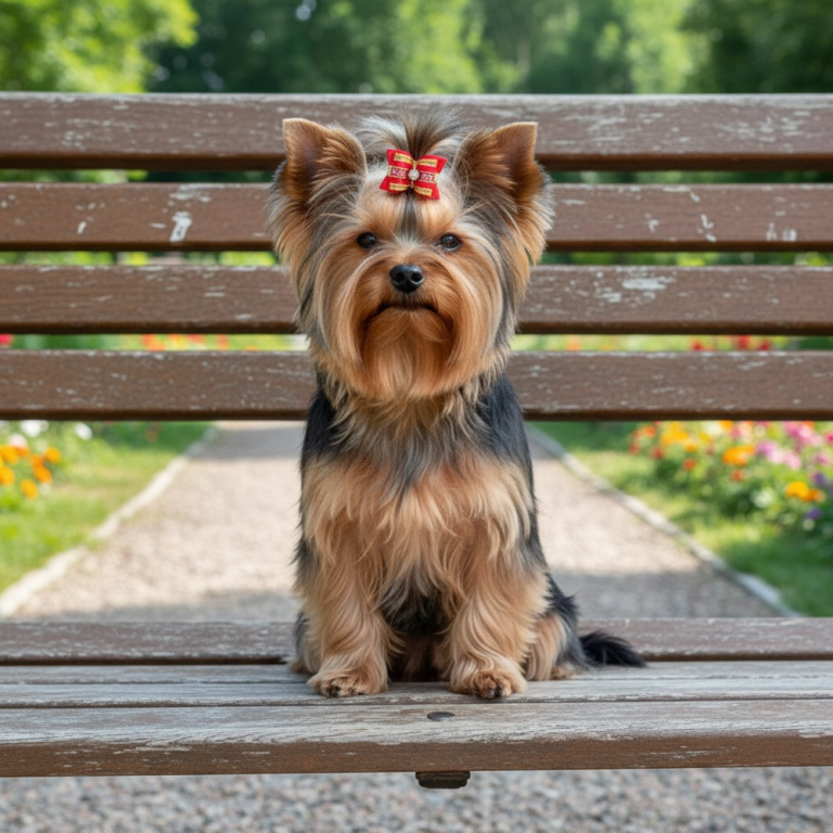 Yorkshire Terrier female posing on a bench.